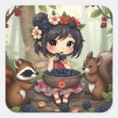 Chibi Fairy Eating Blackberries with Forest Friend スクエアシール (正面)