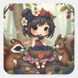 Chibi Fairy Eating Blackberries with Forest Friend スクエアシール