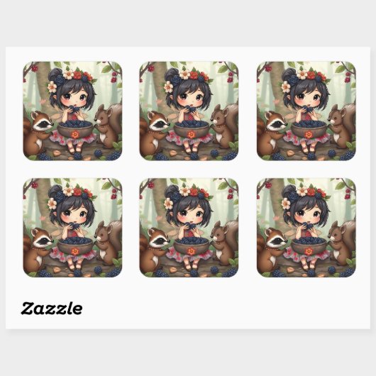 Chibi Fairy Eating Blackberries with Forest Friend スクエアシール (シート)