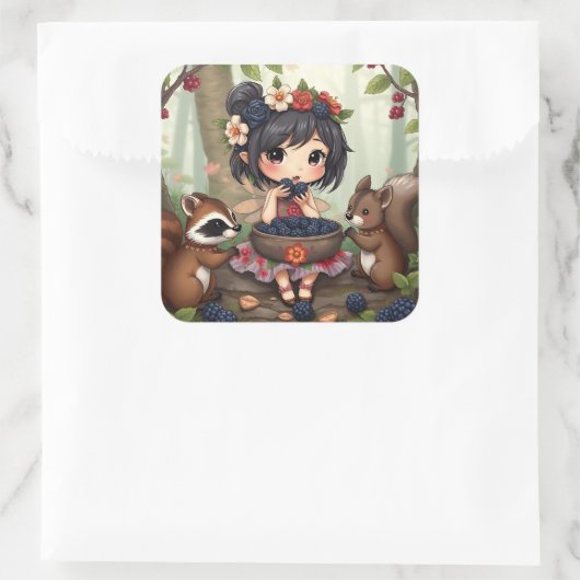 Chibi Fairy Eating Blackberries with Forest Friend スクエアシール (バッグ)