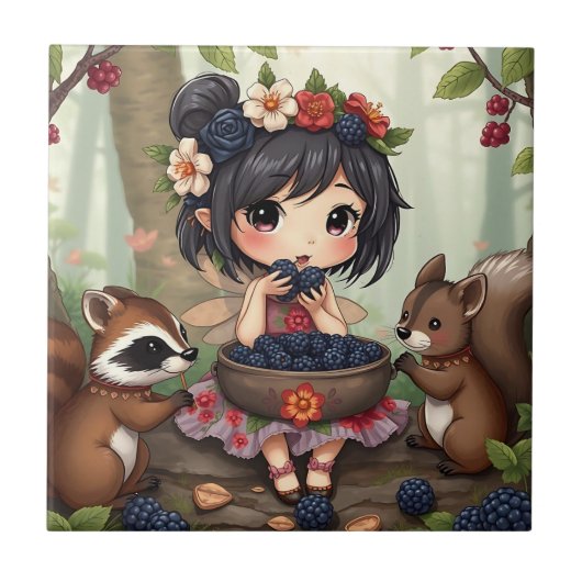 Chibi Fairy Eating Blackberries with Forest Friend タイル (正面)