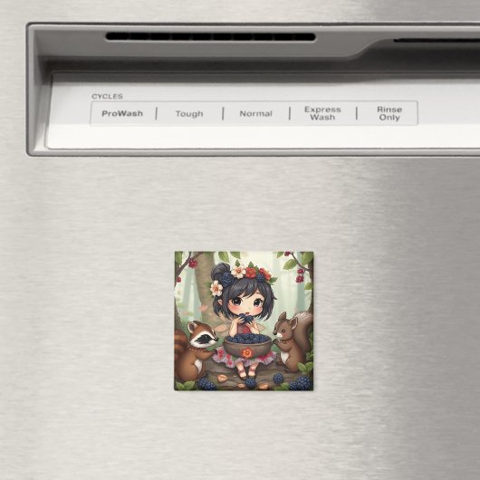 Chibi Fairy Eating Blackberries with Forest Friend マグネット (インサイチュ (食洗機))