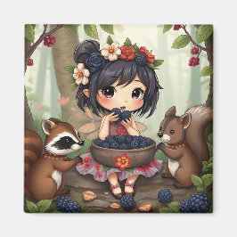 Chibi Fairy Eating Blackberries with Forest Friend マグネット
