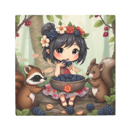Chibi Fairy Eating Blackberries with Forest Friend メタルプリント
