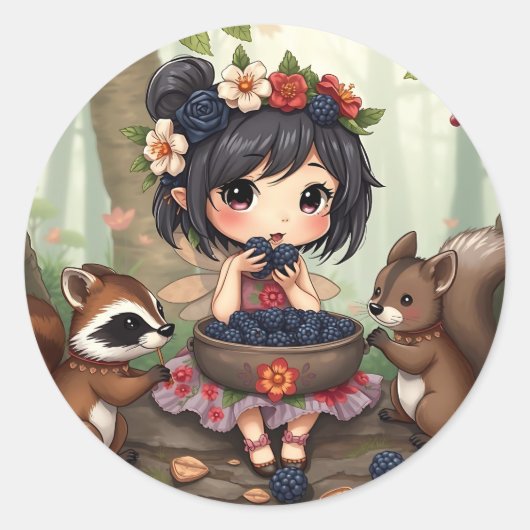 Chibi Fairy Eating Blackberries with Forest Friend ラウンドシール (正面)