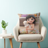 Chibi Girl Hugging White Puppy Dog Throw Pillow クッション (椅子)