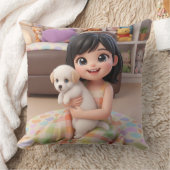 Chibi Girl Hugging White Puppy Dog Throw Pillow クッション (ブランケット)