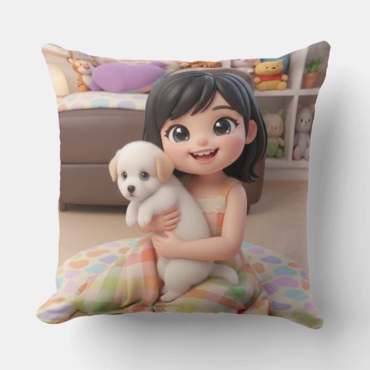 Chibi Girl Hugging White Puppy Dog Throw Pillow クッション (正面)