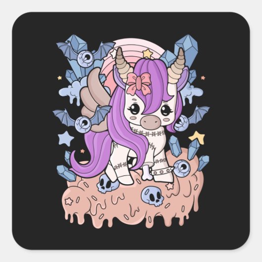 Chibi Horror Unicorn Creepy Kawaii Gift Pastel スクエアシール (正面)
