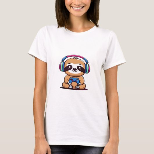 Chibi Kawaii Sloth Gamer � Cute Funny Animal with Tシャツ (正面)
