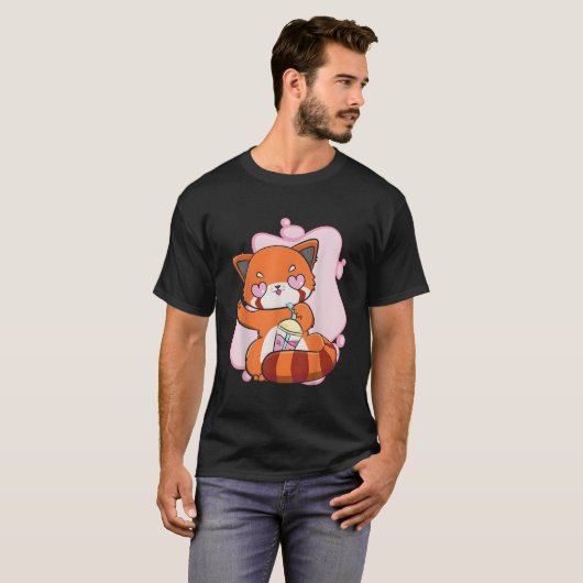 Chibi Red Panda With Boba Tea Bubble Otaku Anime B Tシャツ (正面フル)