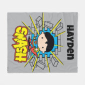 Chibi Superman Smashing Through Brick Wall フリースブランケット (正面(横))