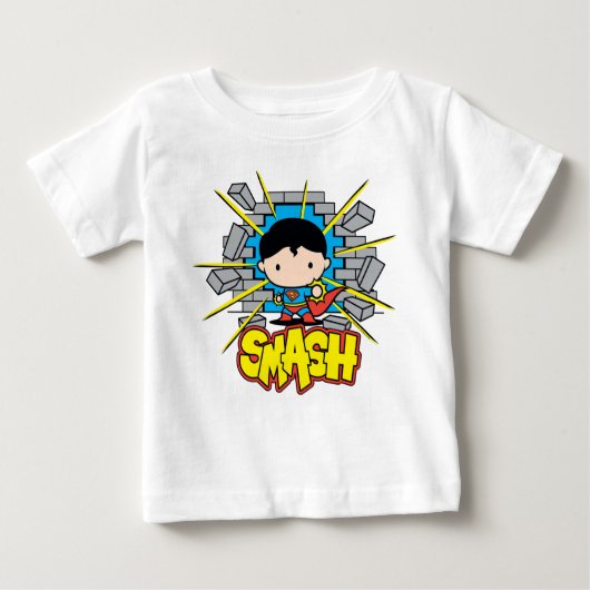Chibi Superman Smashing Through Brick Wall ベビーTシャツ (正面)