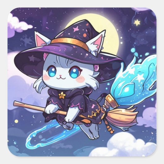 Chibi Witch Cat Flying in Starry Sky – Kawaii Magi スクエアシール (正面)