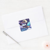 Chibi Witch Cat Flying in Starry Sky – Kawaii Magi スクエアシール (封筒)