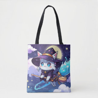 Chibi Witch Cat Flying in Starry Sky – Kawaii Magi トートバッグ
