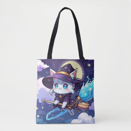 Chibi Witch Cat Flying in Starry Sky – Kawaii Magi トートバッグ (正面)