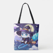 Chibi Witch Cat Flying in Starry Sky – Kawaii Magi トートバッグ (裏面)