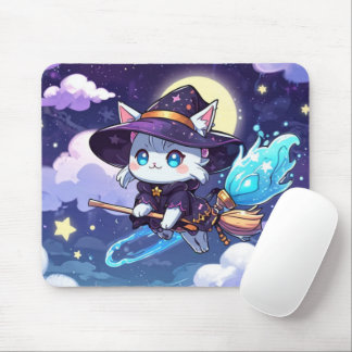 Chibi Witch Cat Flying in Starry Sky – Kawaii Magi マウスパッド