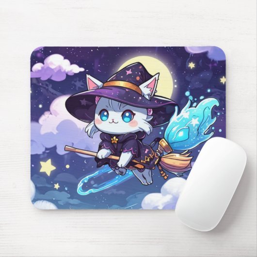 Chibi Witch Cat Flying in Starry Sky – Kawaii Magi マウスパッド (マウス)