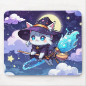 Chibi Witch Cat Flying in Starry Sky – Kawaii Magi マウスパッド (正面)