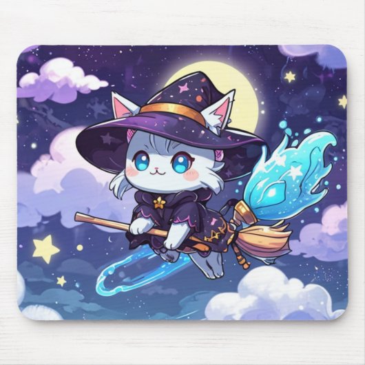 Chibi Witch Cat Flying in Starry Sky – Kawaii Magi マウスパッド (正面)