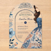 CHICクインセアニラネイビーブルーバラ金ゴールドドレスフラワーズ アクリル招待状 (正面)