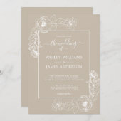 Chicスクリプトホワイト·フローラ·アウトライン·グレ結婚ーズ 招待状 (正面/裏面)