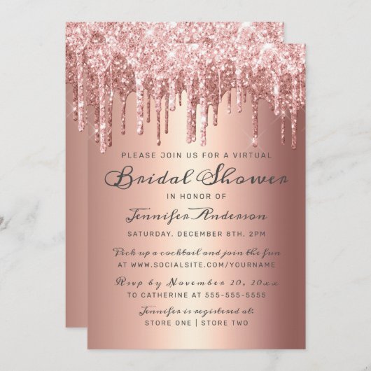 Chicバラ金ゴールドグリッタードリップス仮想ブライダルシャワー 招待状 (正面/裏面)