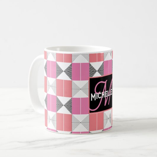CHicピンクと黒の幾何モダン図形モノグラムの コーヒーマグカップ (正面左)