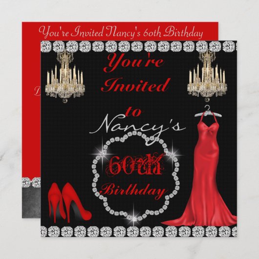 CHIC第60ヴィンテージデザインきらきら光る誕生日招待状 招待状 (正面/裏面)