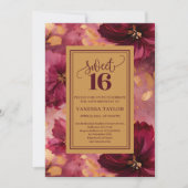 Chic 16th Birthday Burgundy Blush Gold Invitation 招待状 (正面)