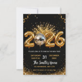 Chic 2026 New Year' Eve Party Gold Glitter Black  招待状 (正面)