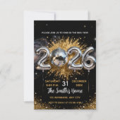 Chic 2026 New Year' Eve Party Gold Glitter Black  招待状 (正面)