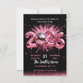 Chic 2026 New Year' Eve Party Pink Glitter Black  招待状 (正面)