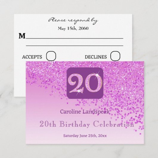 Chic 20 Birthday Pink Glitter RSVP (正面/裏面)