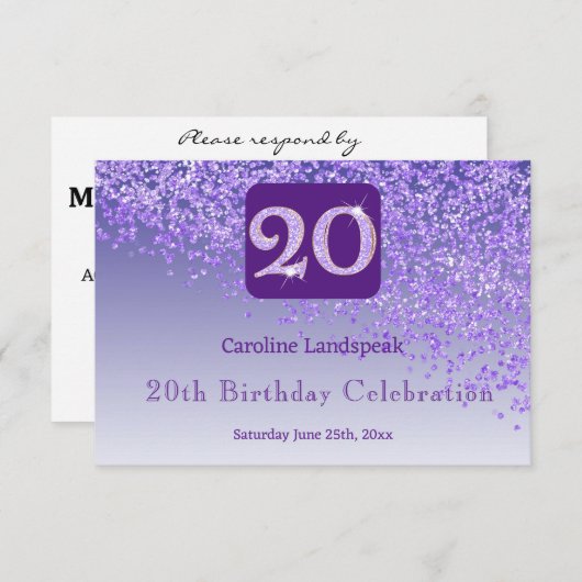 Chic 20 Birthday Purple Glitter RSVP (正面/裏面)
