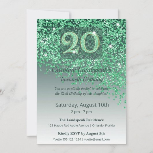 Chic 20th Birthday Green Glitter 招待状 (正面)