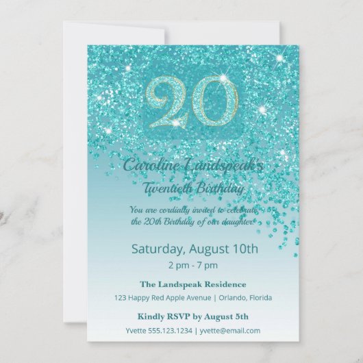Chic 20th Birthday Teal Blue Glitter 招待状 (正面)