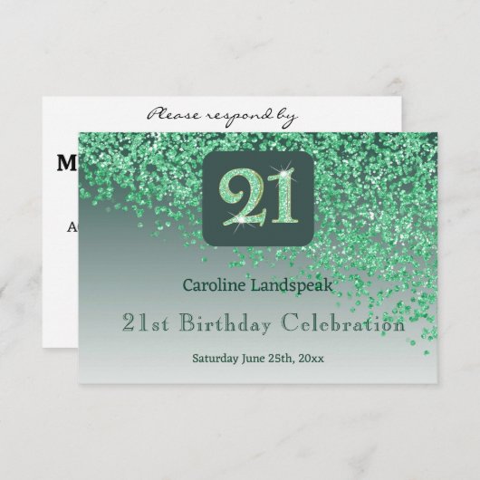 Chic 21 Birthday Green Glitter RSVP (正面/裏面)