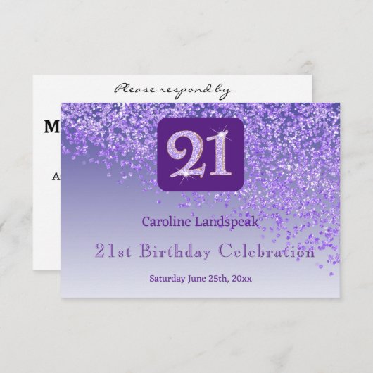 Chic 21 Birthday Purple Glitter RSVP (正面/裏面)