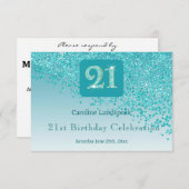 Chic 21 Birthday Teal Blue Glitter RSVP (正面/裏面)