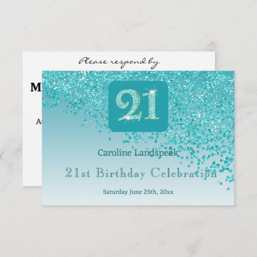 Chic 21 Birthday Teal Blue Glitter RSVP (正面/裏面)