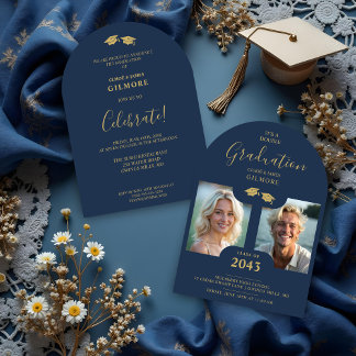Chic 2-Photo Twins Graduation Fake Golden Blue 招待状