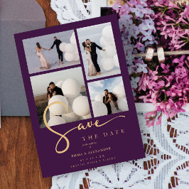 Chic 4 Multi Photos Collage Wedding Purple & Gold  セーブザデート