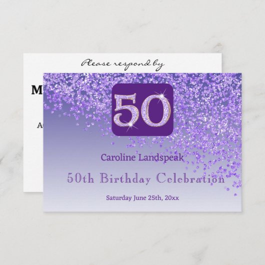 Chic 50 Birthday Purple Glitter RSVP (正面/裏面)