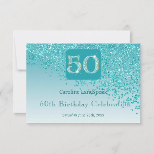 Chic 50 Birthday Teal Blue Glitter RSVP (正面)