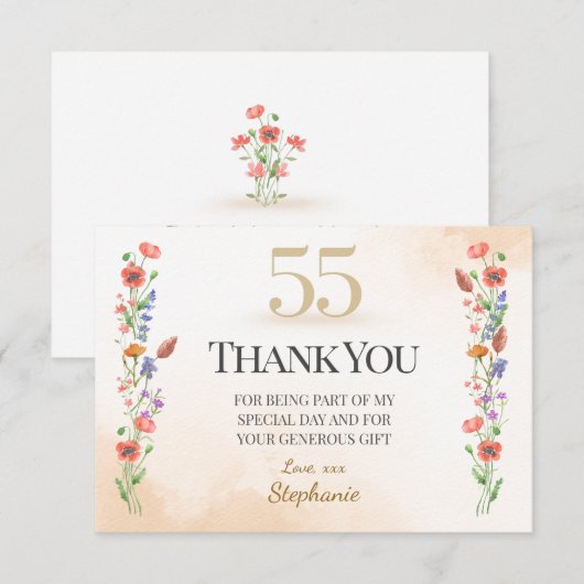 Chic 55th Birthday – Wildflower Design サンキューカード (正面/裏面)