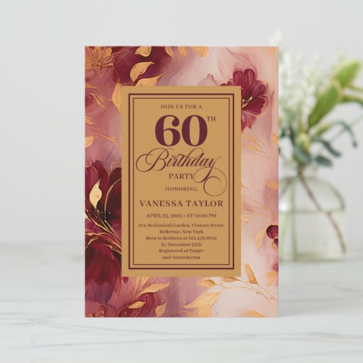 Chic 60th Birthday Marsala Blush Gold Boho Invite 招待状 (スタンド正面)