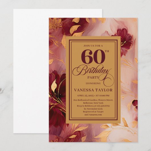 Chic 60th Birthday Marsala Blush Gold Boho Invite 招待状 (正面/裏面)